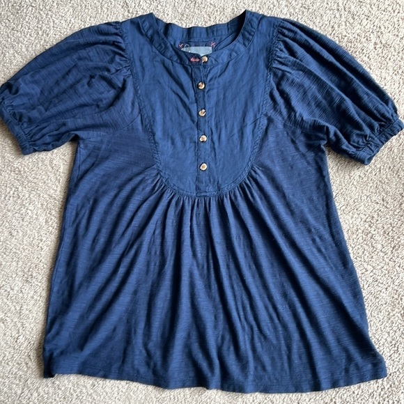 Anthropologie Elinor Textured Navy Blue Puff Short Sleeve Blouse - Picture 5 of 11